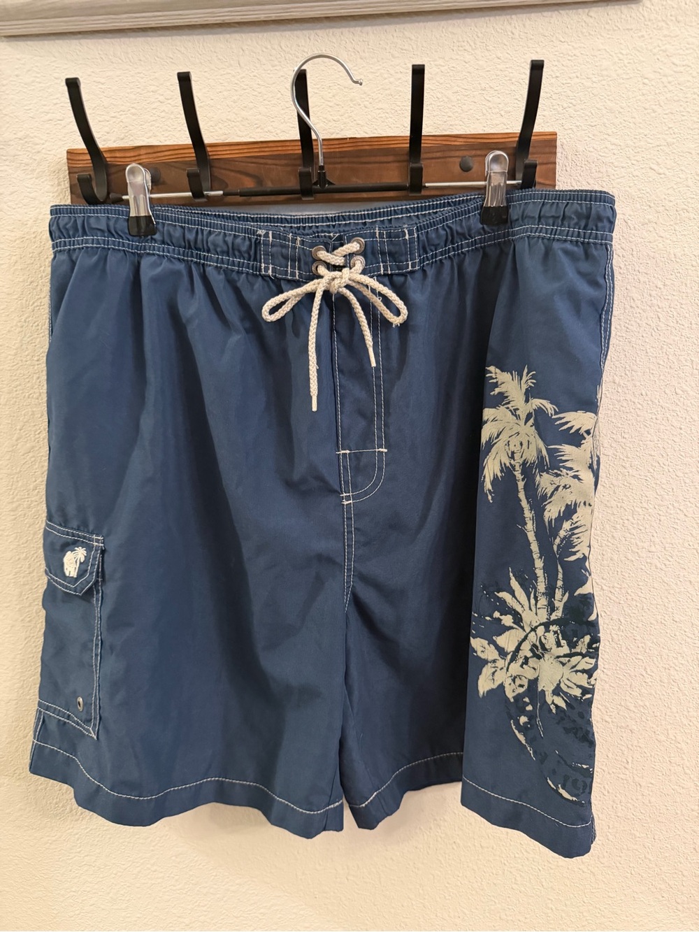 Caribbean Joe Navy Blue Palm-Print Swim Shorts
